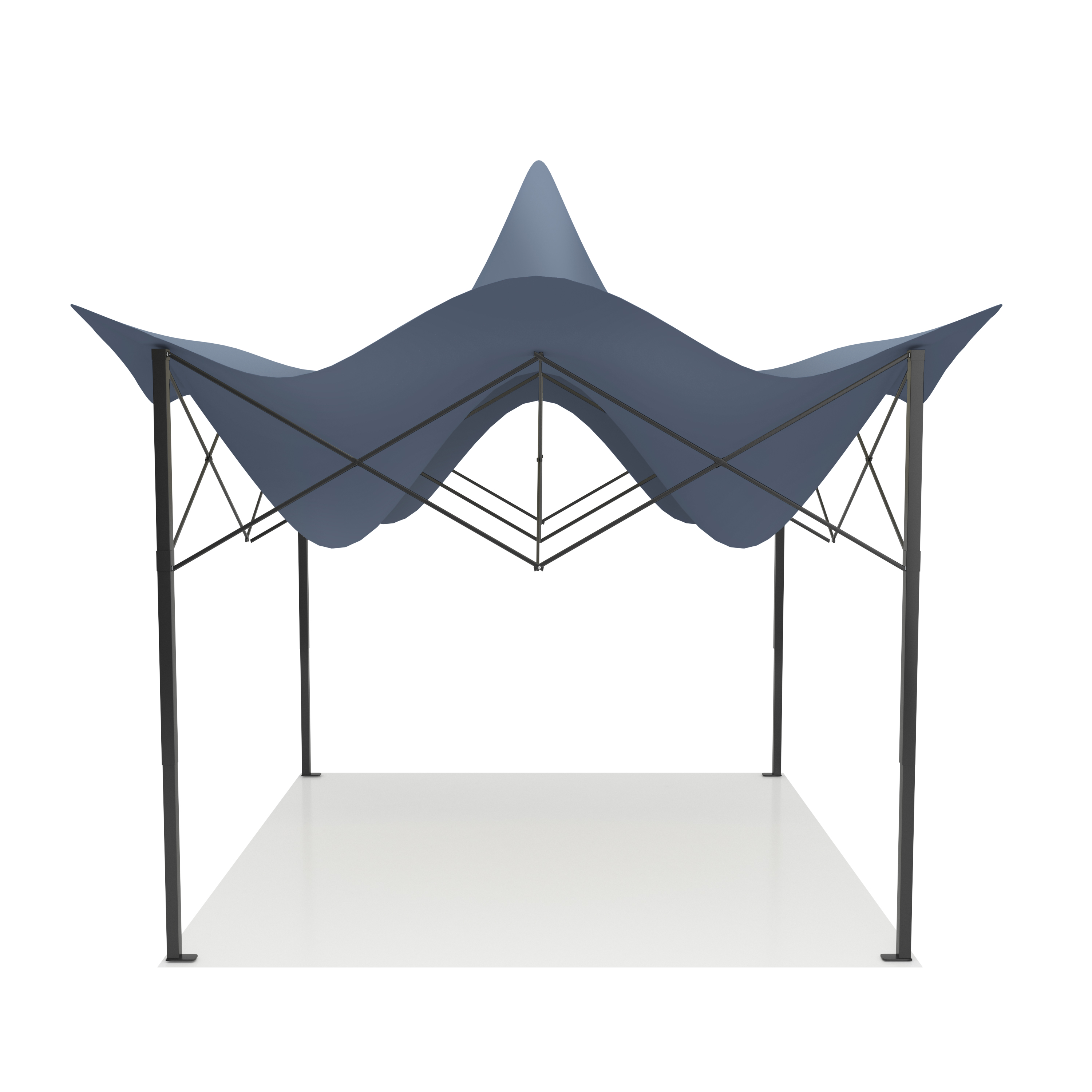 A blue tent with a wavy roof and black metal frame.