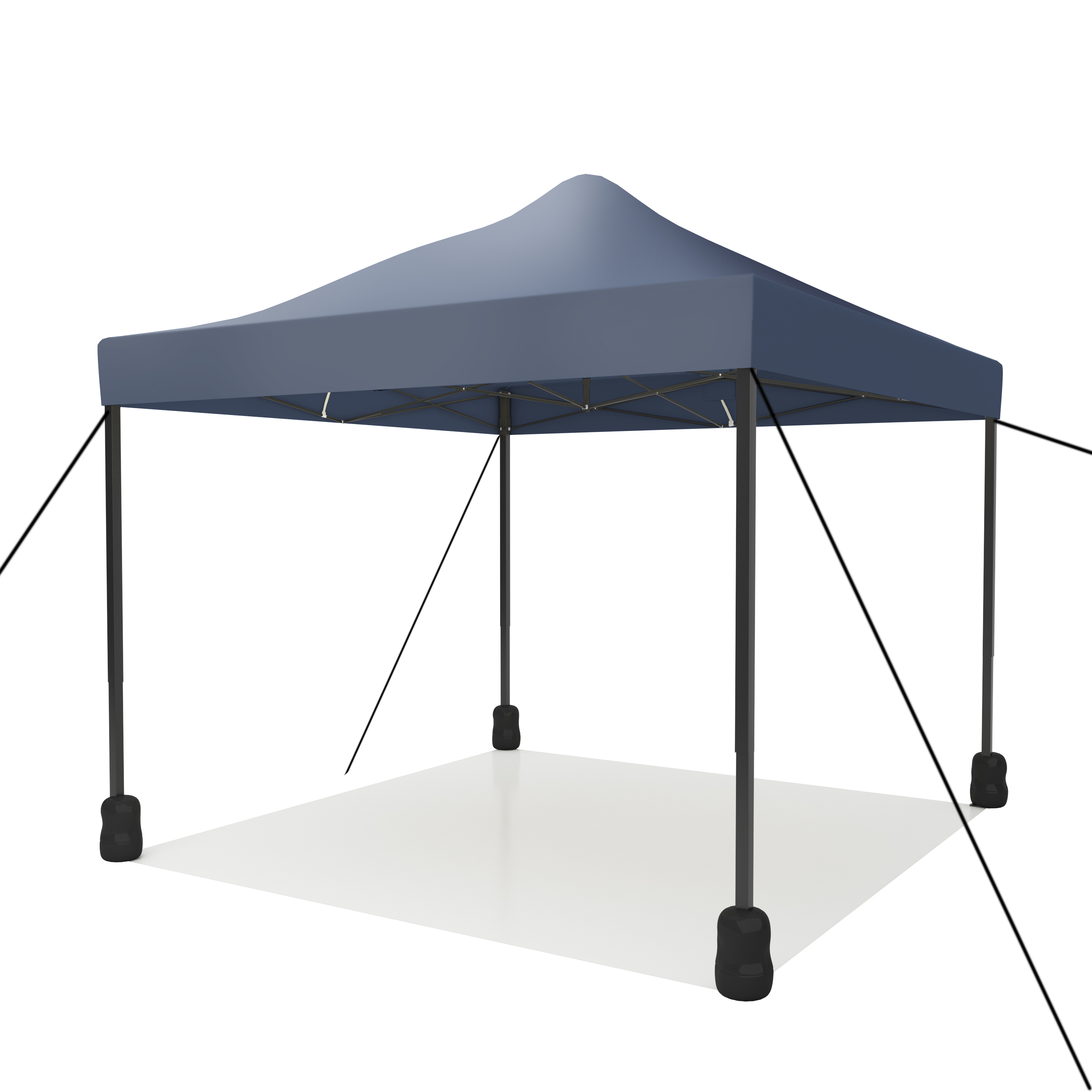 A blue canopy tent with black poles and ropes on a white background.