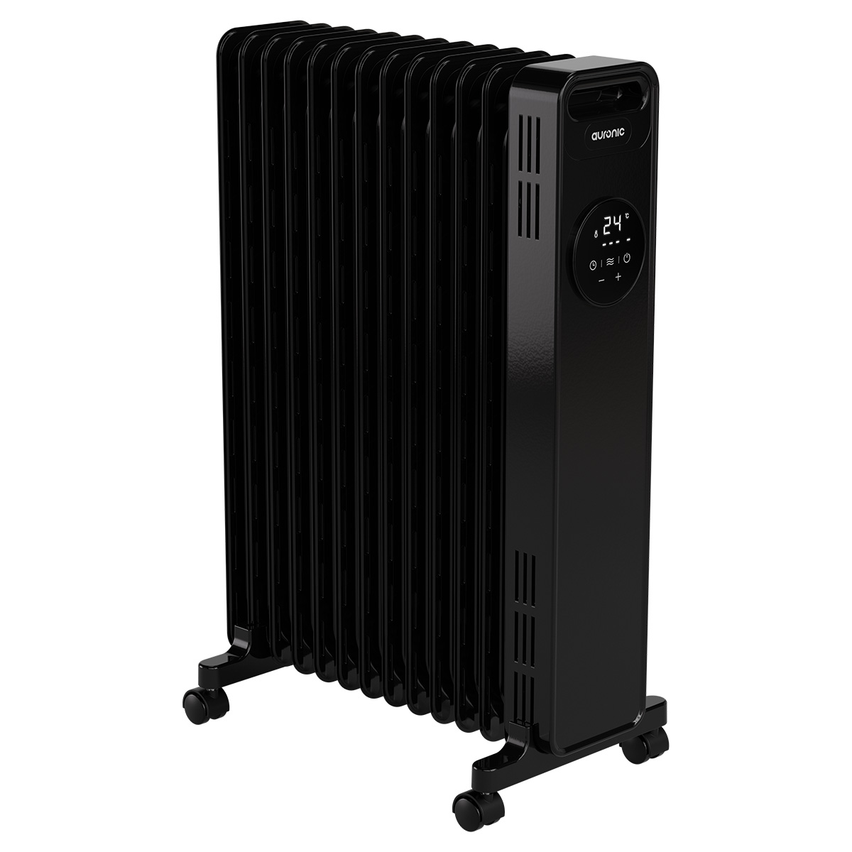 A black oil-filled radiator heater with wheels and a digital display showing 24 degrees Celsius.