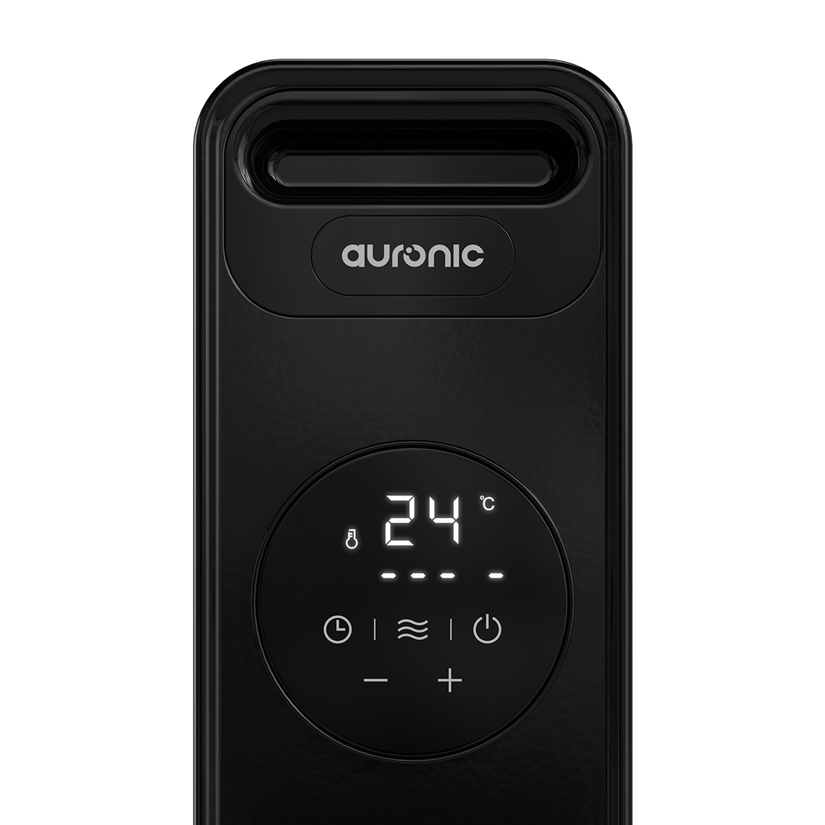 Black device with digital display showing 24 degrees Celsius and control icons.