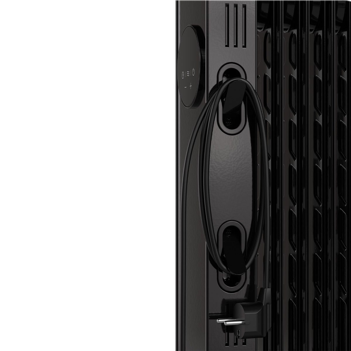 A black oil-filled radiator with a coiled power cord wrapped around its handle.