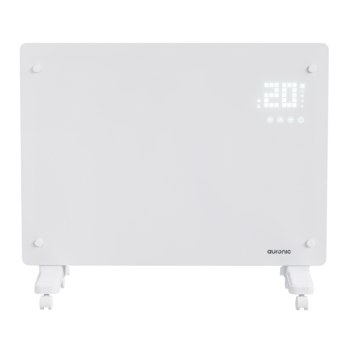 Een witte elektrische kachel met wielen en een digitaal display van 20 graden.
