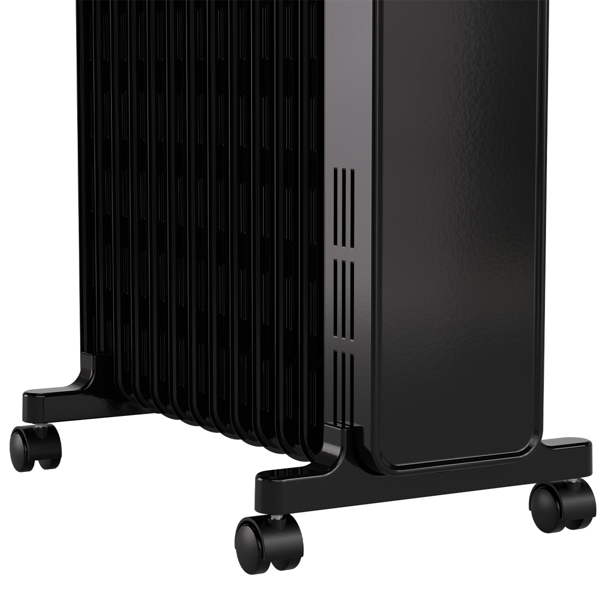 Black oil-filled radiator on wheels with vertical fins and ventilation slots.