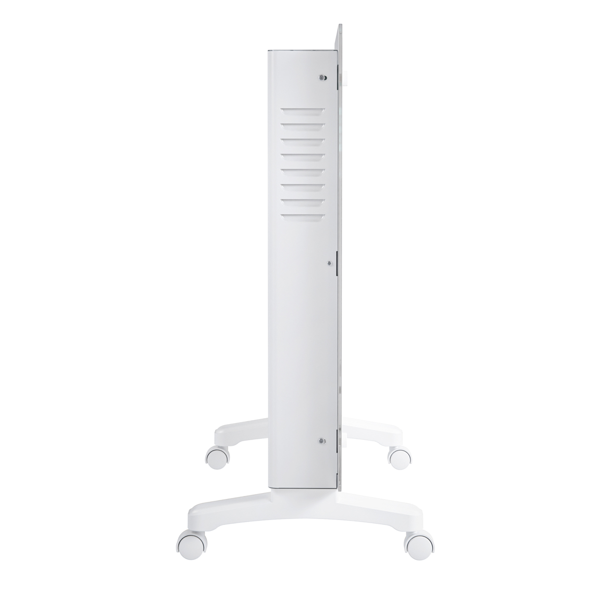 Een witte, rollende verwarming op een witte achtergrond, van de zijkant gezien.