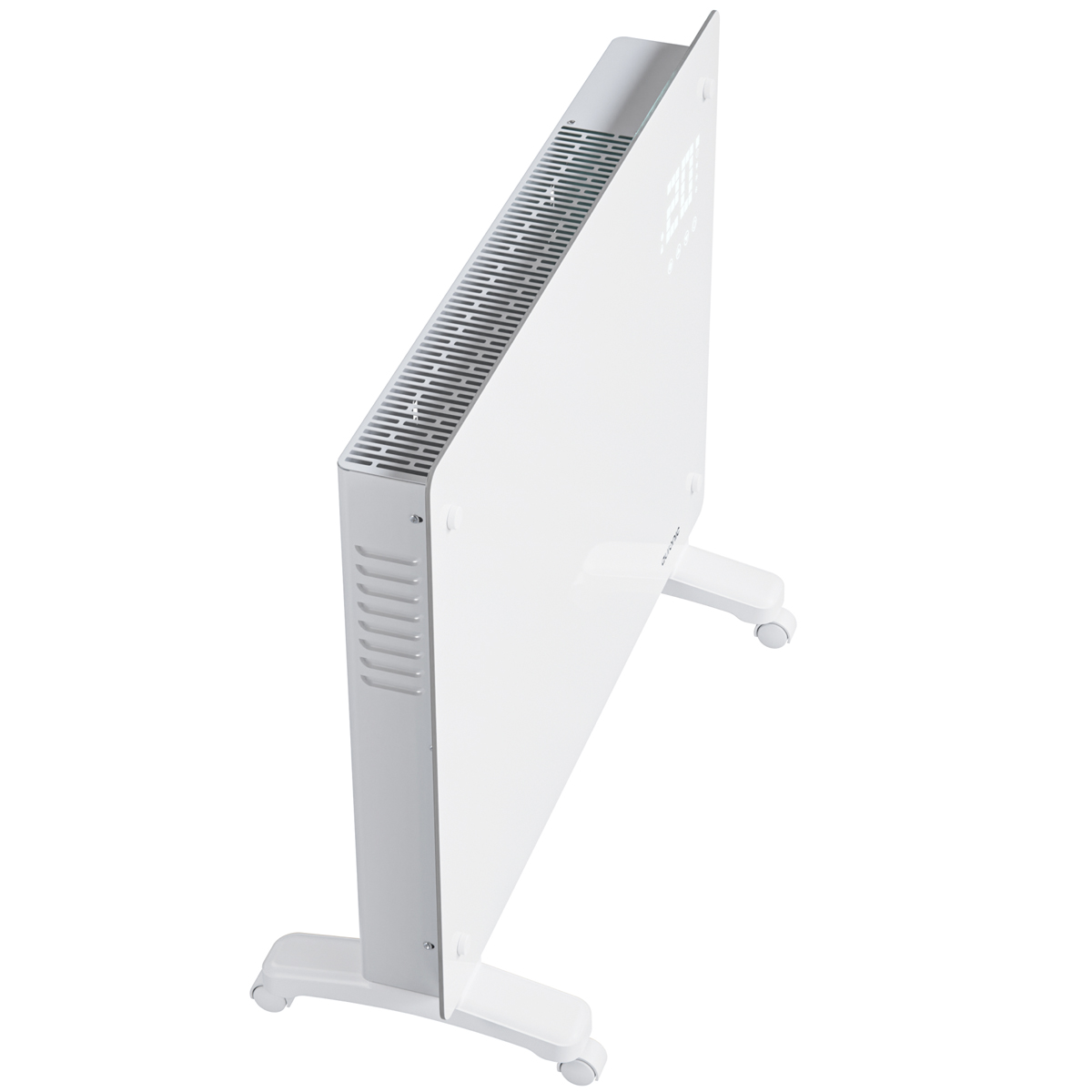 Witte paneelverwarming met wielen en digitaal display.