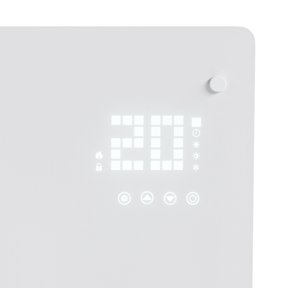 Een wit bedieningspaneel met digitale weergave van 20 graden en iconen.
