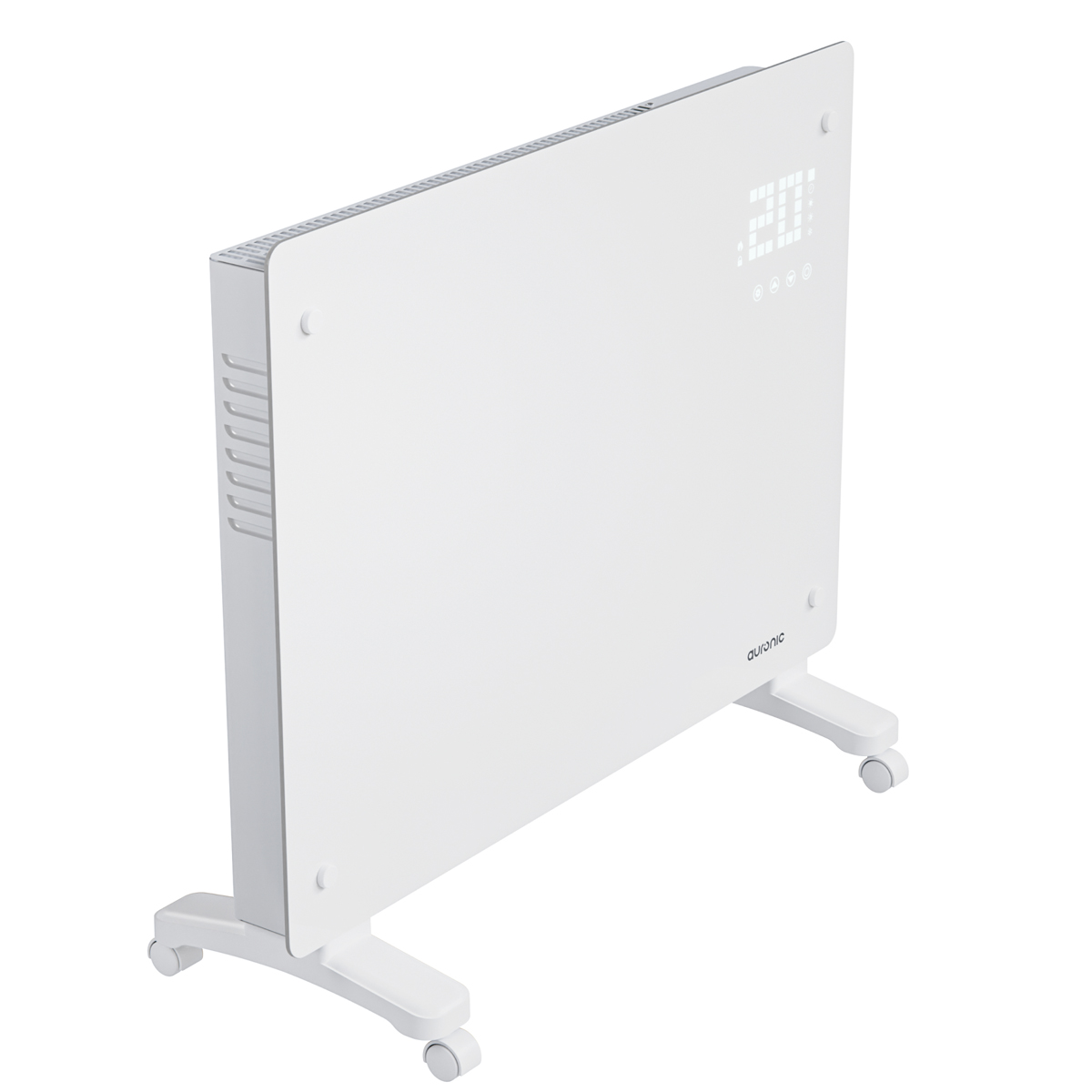 Een witte radiator op wielen met een digitaal display van 20°C.