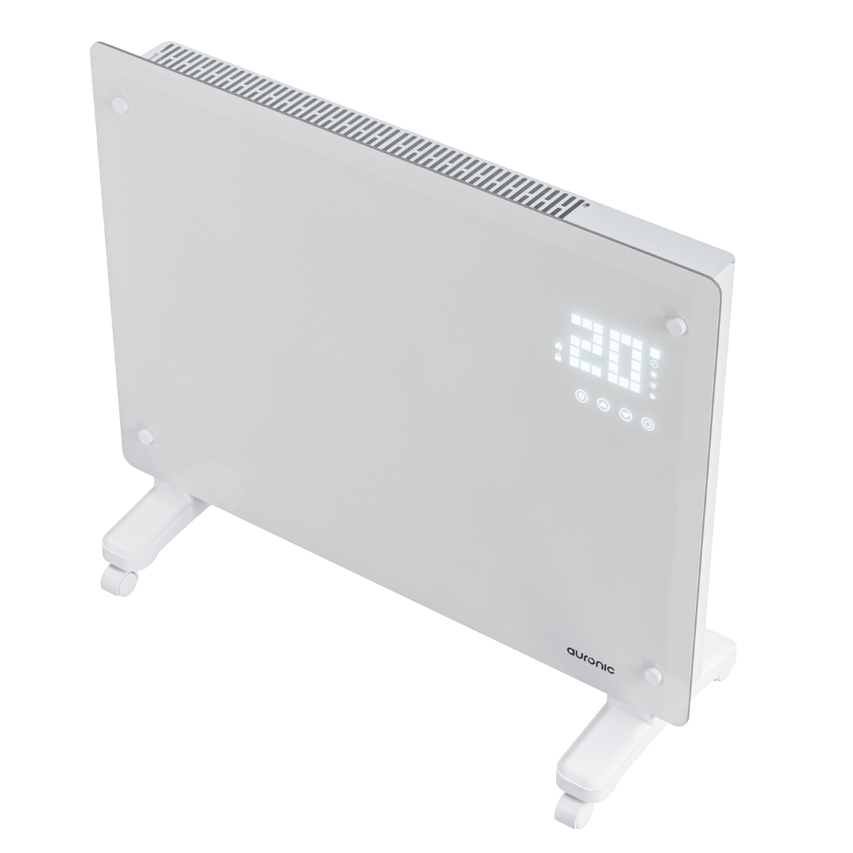 Een witte verwarming met digitaal display van 20 graden en ventilatiesleuven.