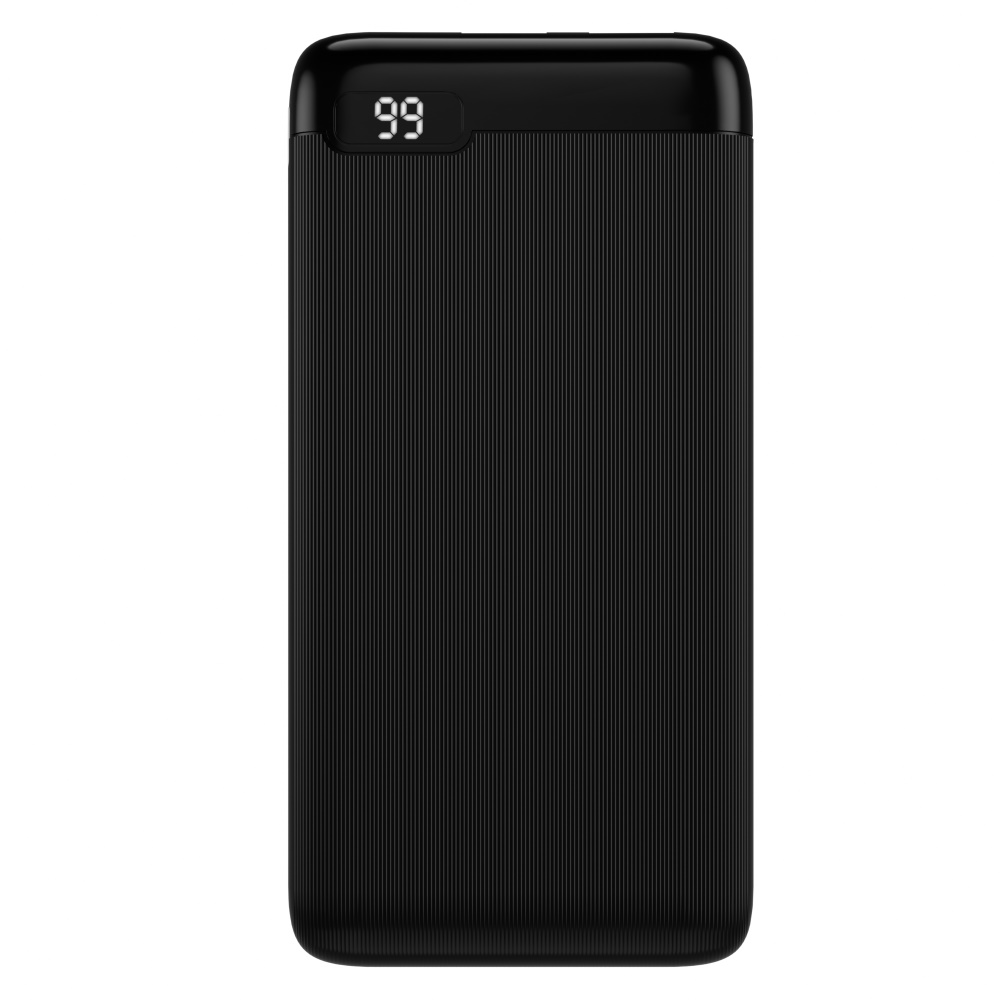 Czarny power bank z prążkowaną teksturą i cyfrowym wyświetlaczem '99'.
