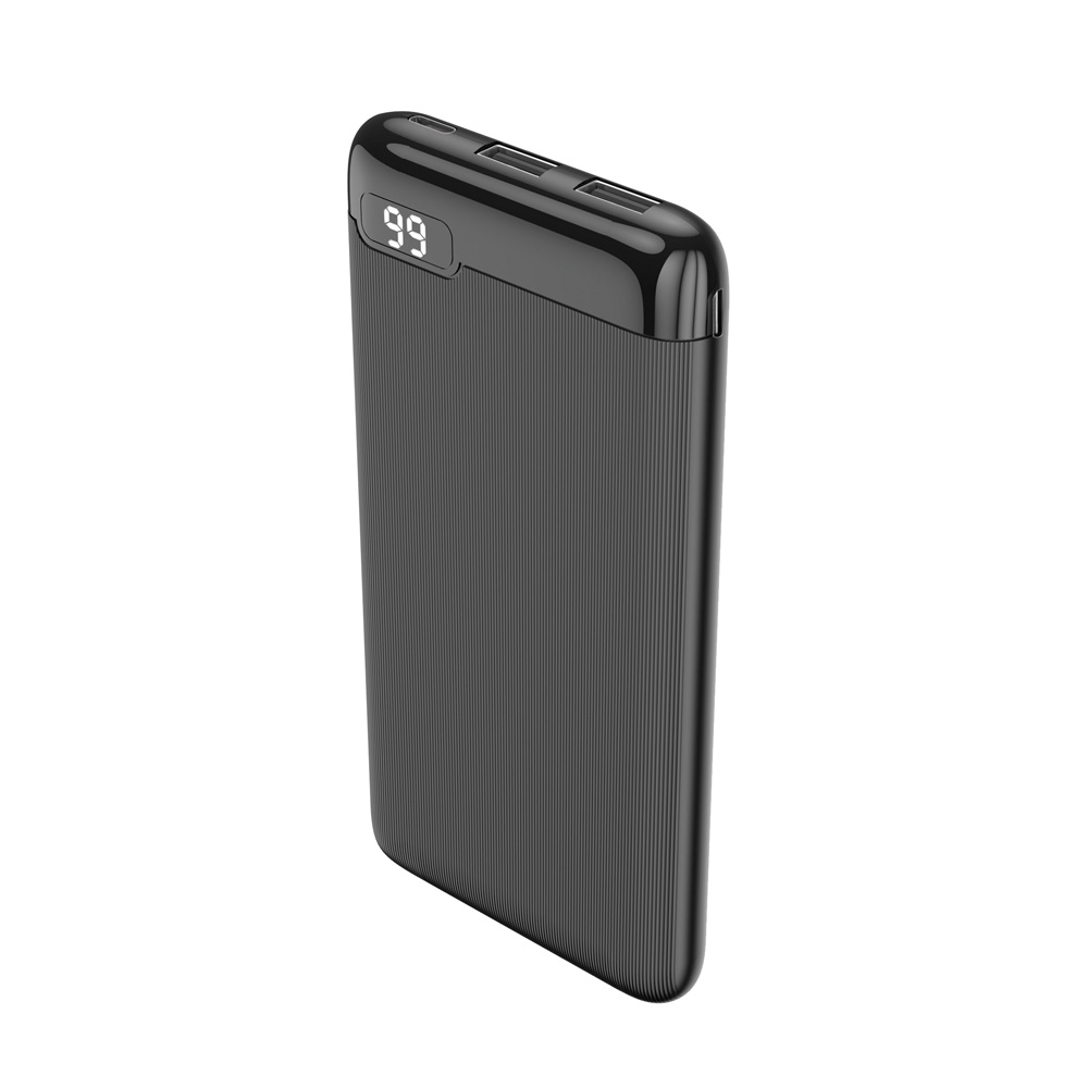 Czarny power bank z teksturowaną powierzchnią i cyfrowym wyświetlaczem.