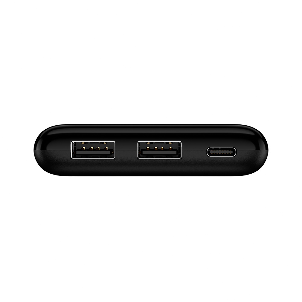 Czarny power bank z dwoma portami USB-A i jednym portem USB-C.