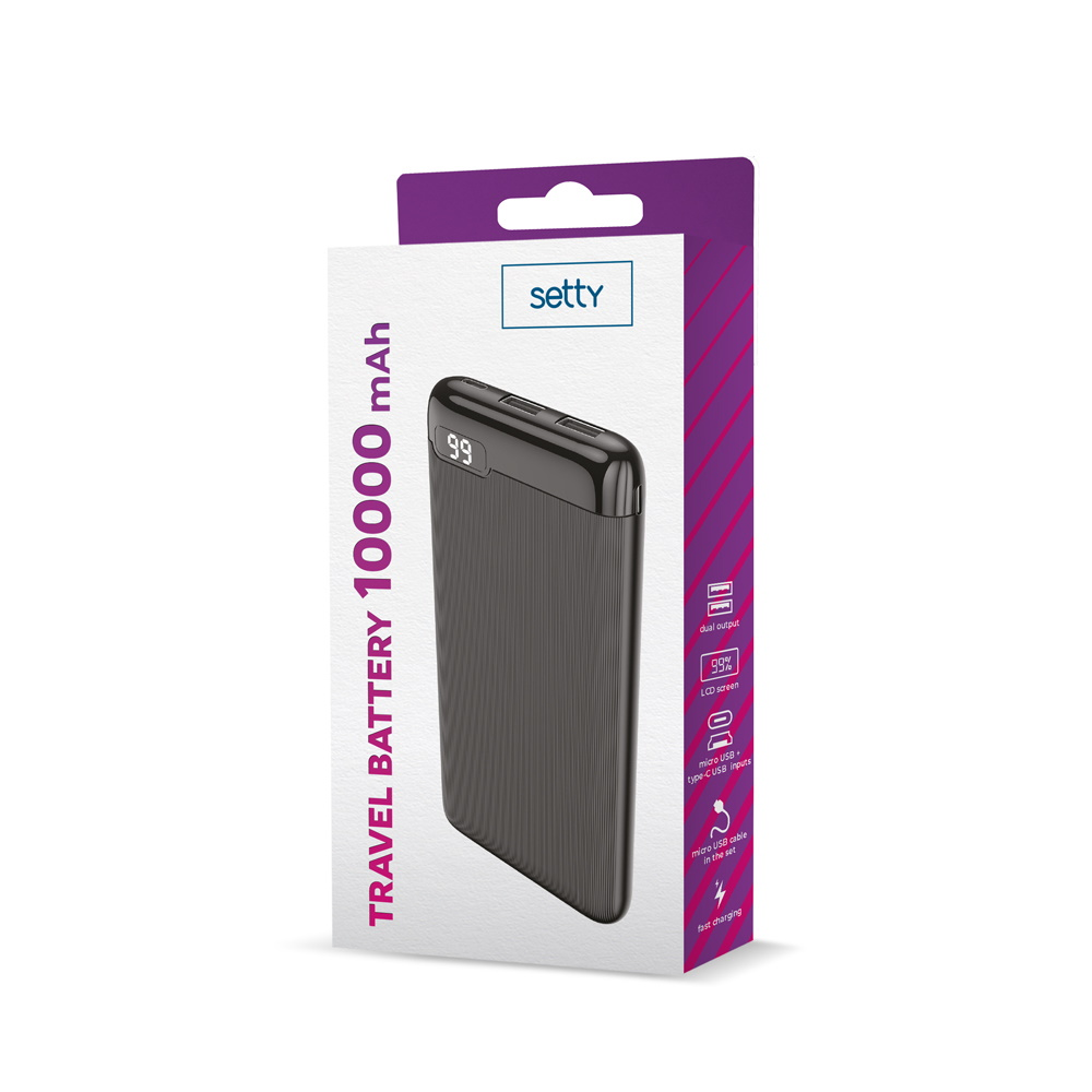 Czarny power bank Setty 10000 mAh z podwójnym wyjściem i ekranem LCD.