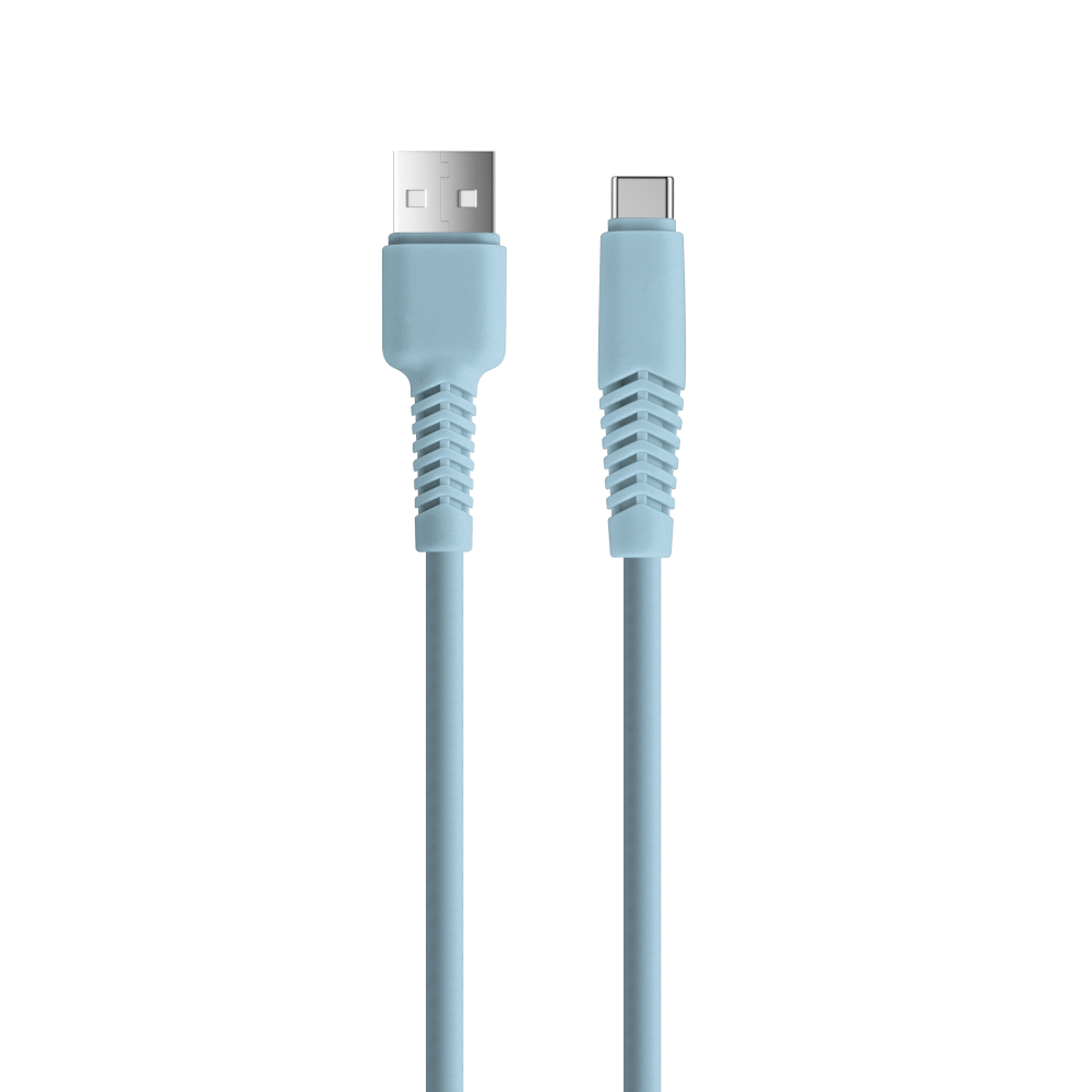 Jasnoniebieski kabel USB-A do USB-C leży na białym tle.