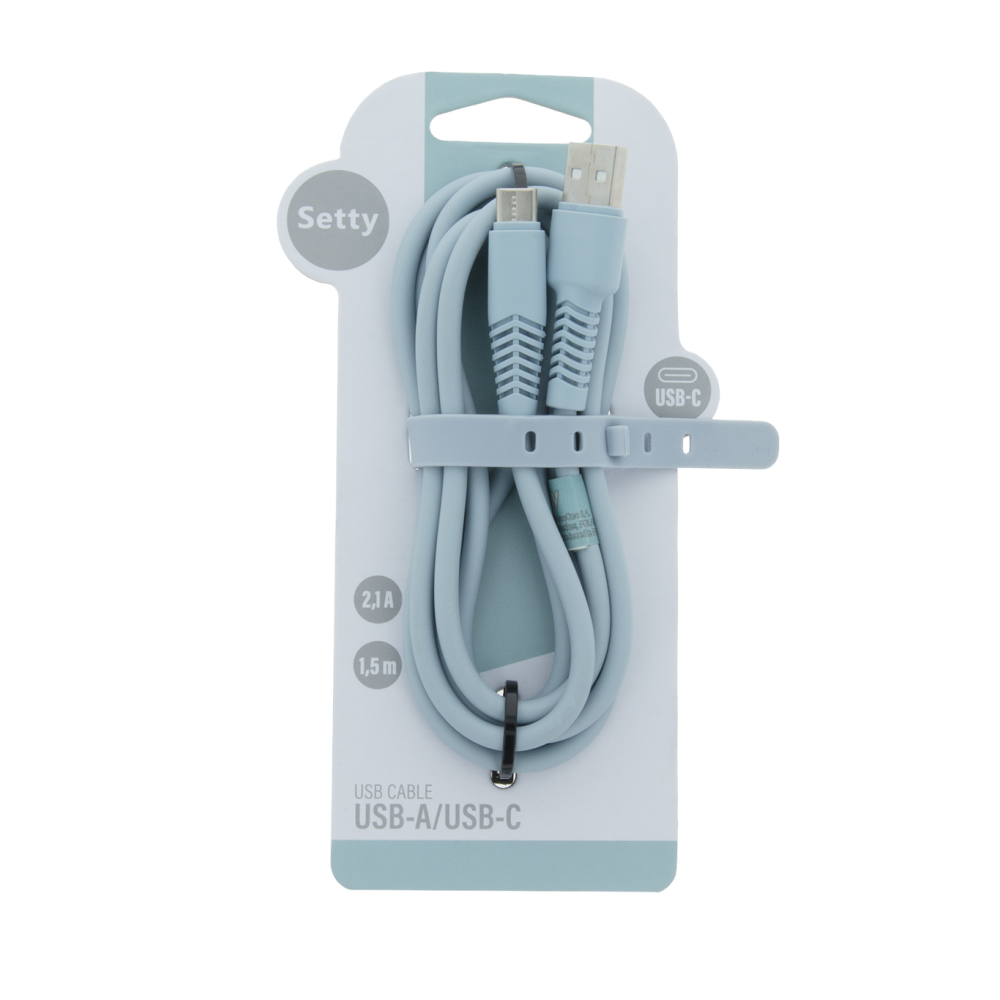 Jasnoniebieski kabel USB-A do USB-C w opakowaniu z logo Setty.