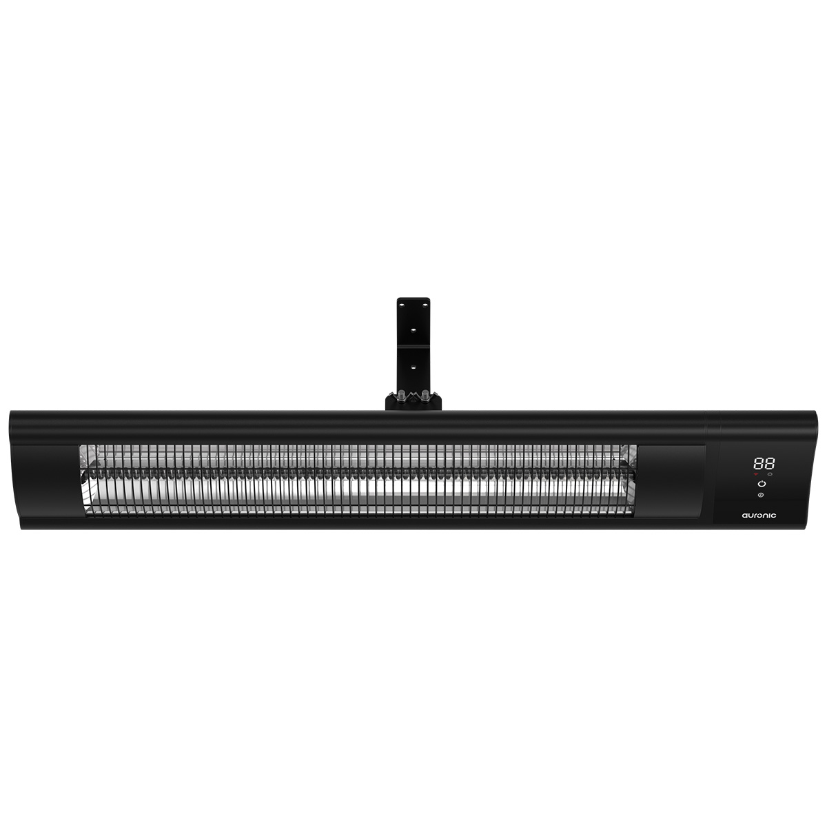 Een zwarte, wandgemonteerde infraroodverwarmer met een digitaal display dat 88 weergeeft.