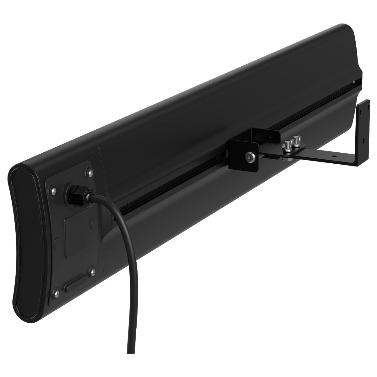 Een zwarte soundbar gemonteerd met een beugel, met een stroomkabel.