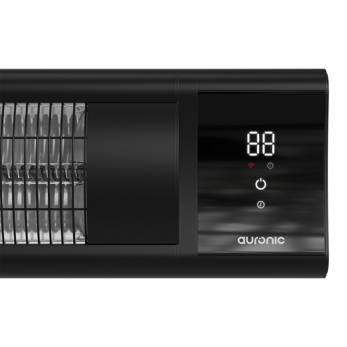 Zwarte verwarming met digitaal display met '88', wifi, aan/uit, timer iconen.