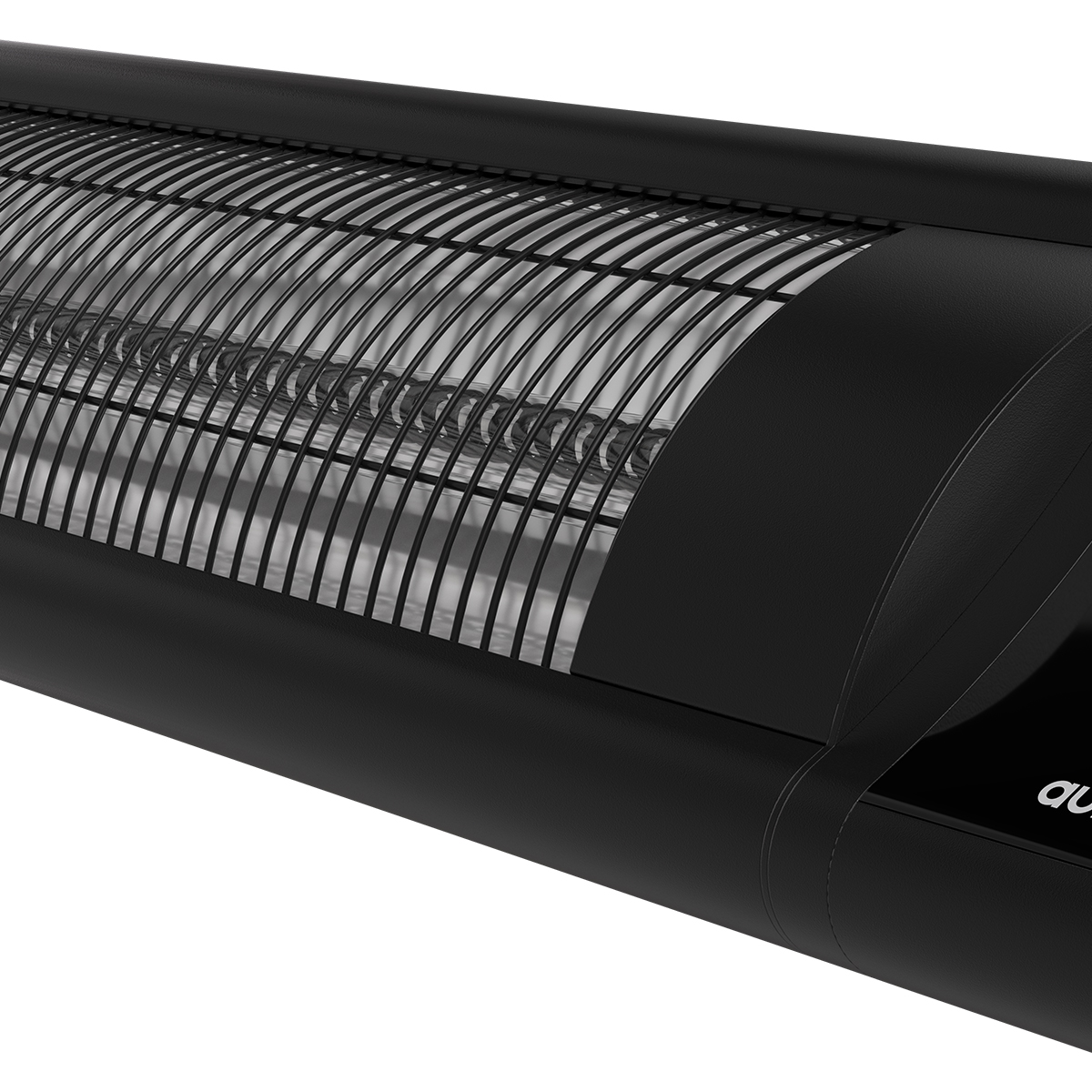 Zwarte infraroodverwarmer met beschermrooster en zichtbare verwarmingselementen.
