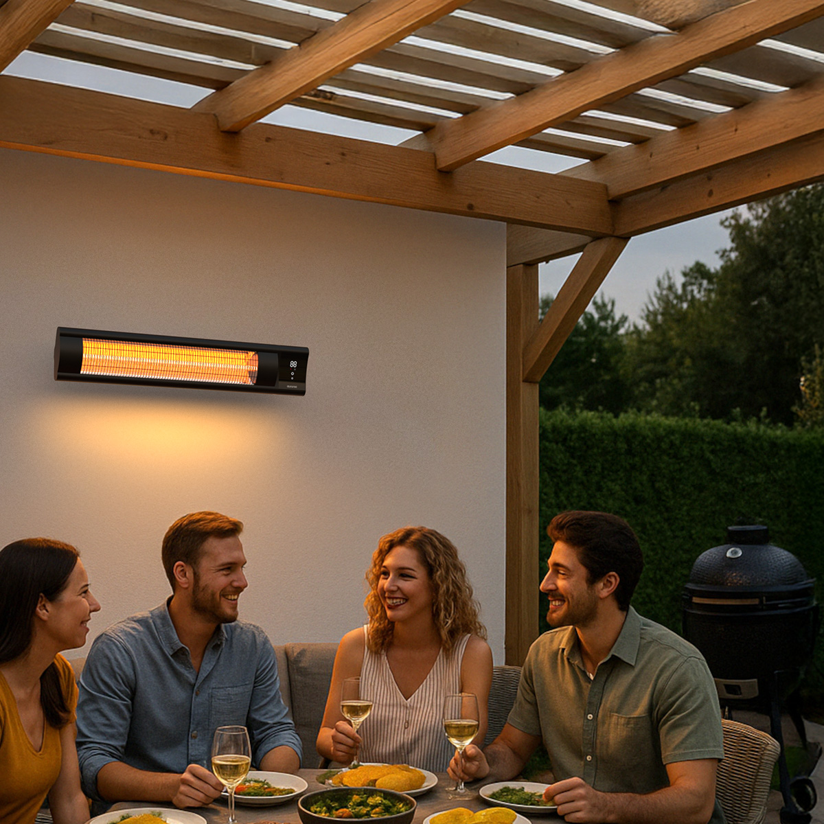 Vier mensen zitten aan tafel onder een houten pergola, verwarmd door een terrasverwarmer.
