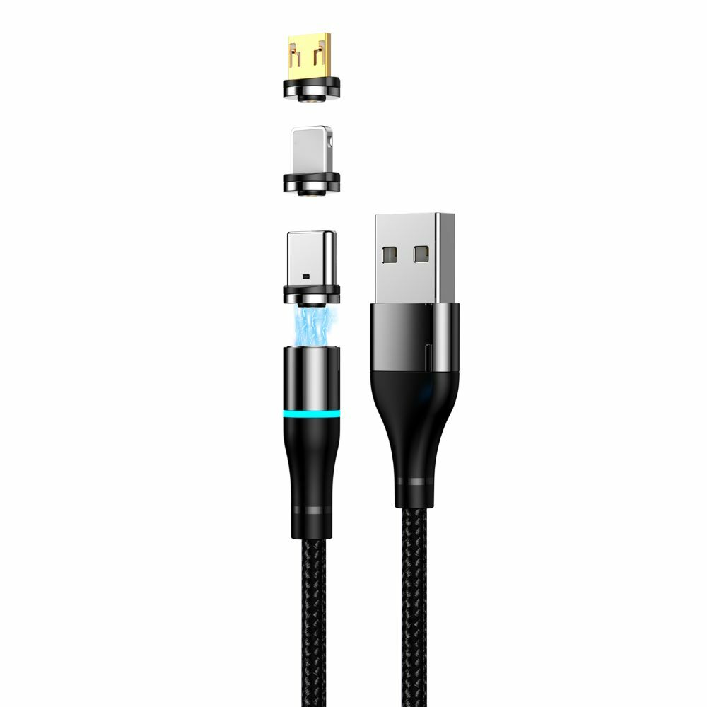 Cavo USB nero con adattatori magnetici: USB-A, USB-C e Micro USB