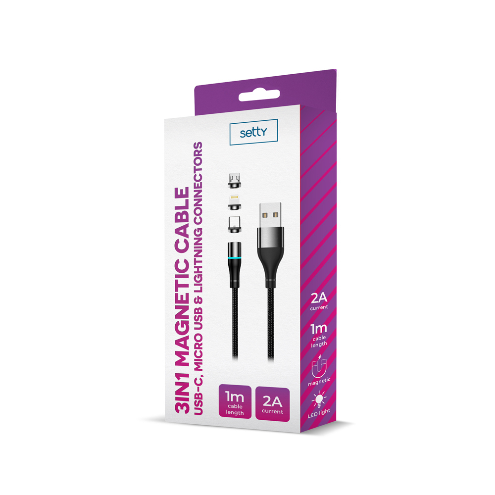 Scatola cavo magnetico Setty 3in1 con connettori USB-C, Micro USB, Lightning.