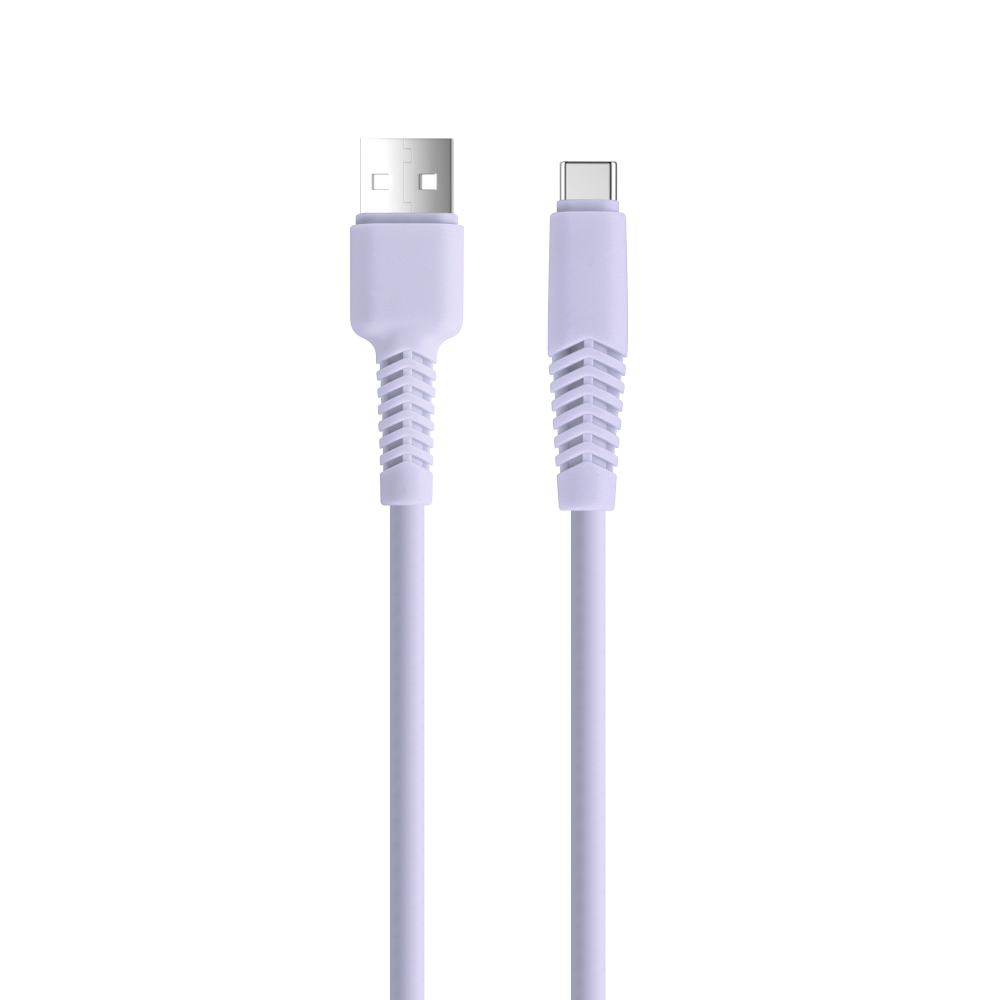 Jasnofioletowy kabel USB-A do USB-C ze wzmocnionymi złączami.