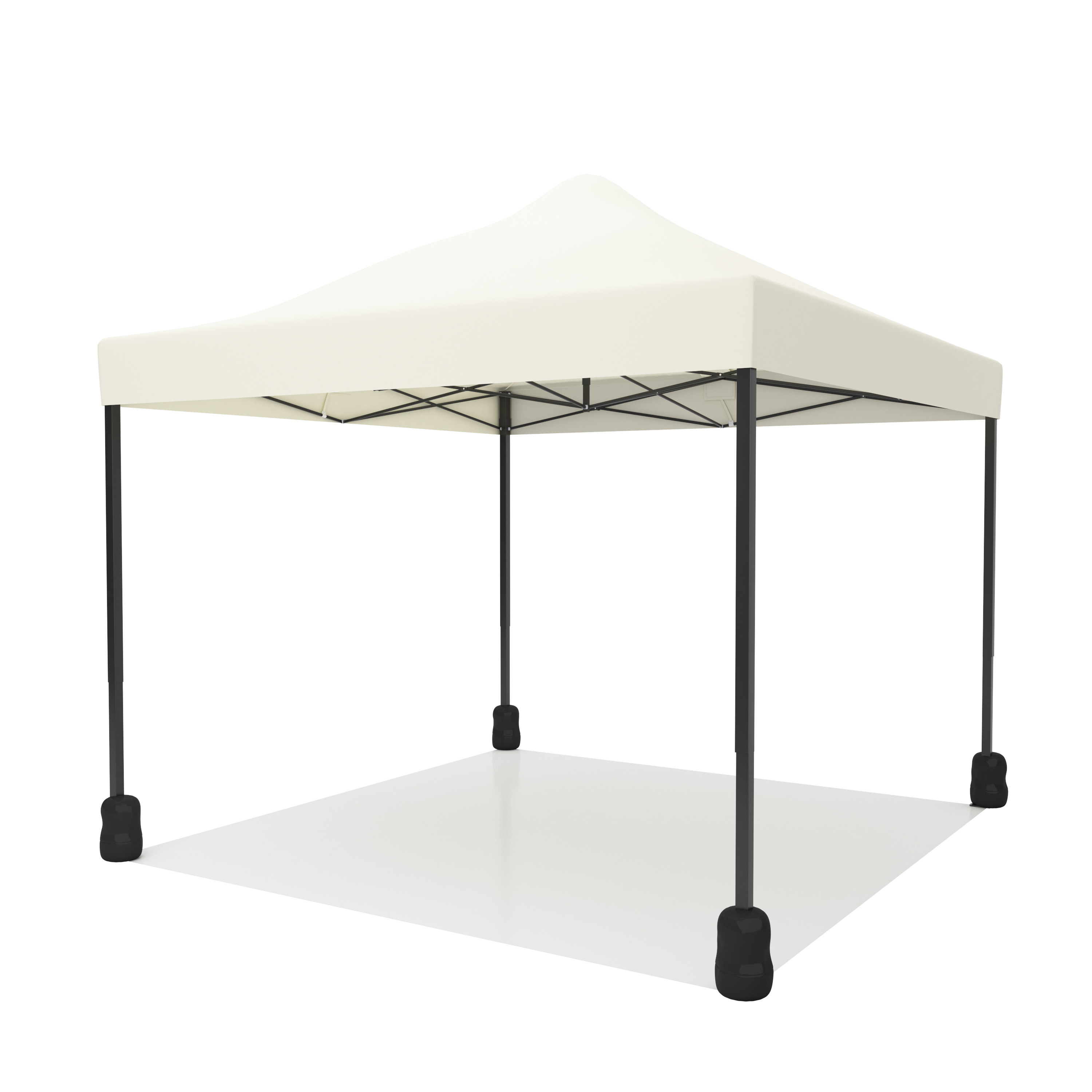 A white pop-up canopy with a black metal frame, shown on a white background.