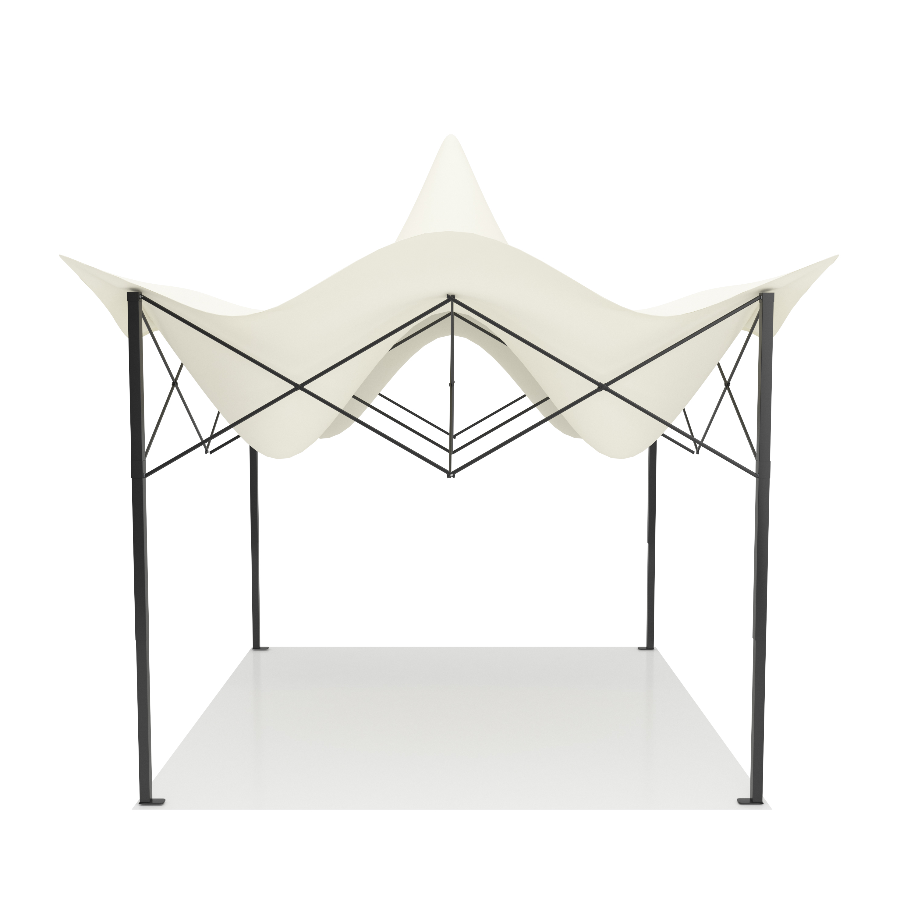 A white canopy tent with a black metal frame, standing on a white surface.