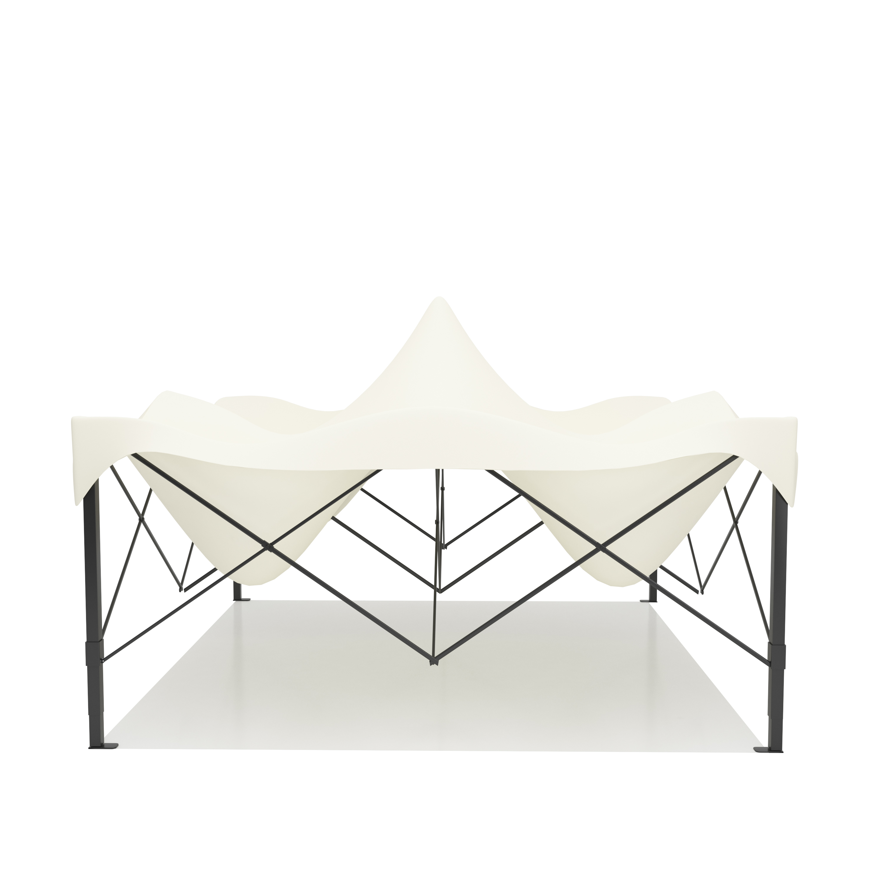 A white tent with a black metal frame, viewed from the front.