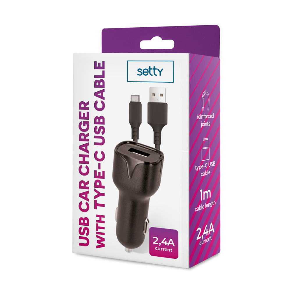 Ładowarka samochodowa USB Setty z kablem Type-C, 2,4A, 1m, czarna.