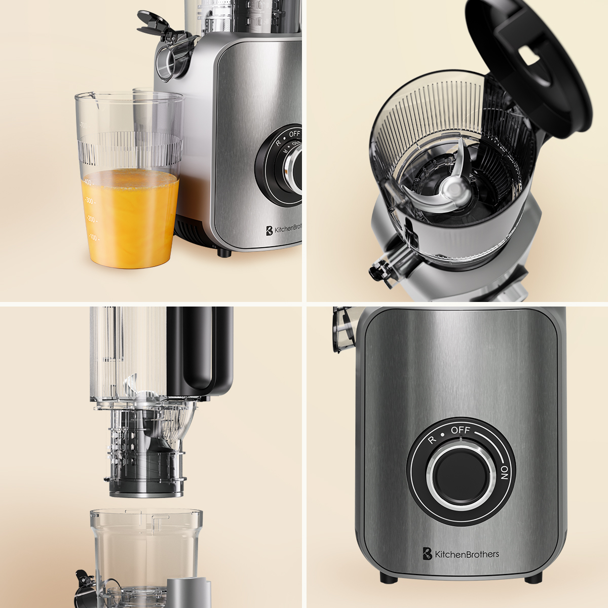 Collage van een zilveren sapcentrifuge: linksboven, sapcentrifuge met glas sinaasappelsap; rechtsboven, open deksel; linksonder, onderdelen; rechtsonder, bedieningspaneel.