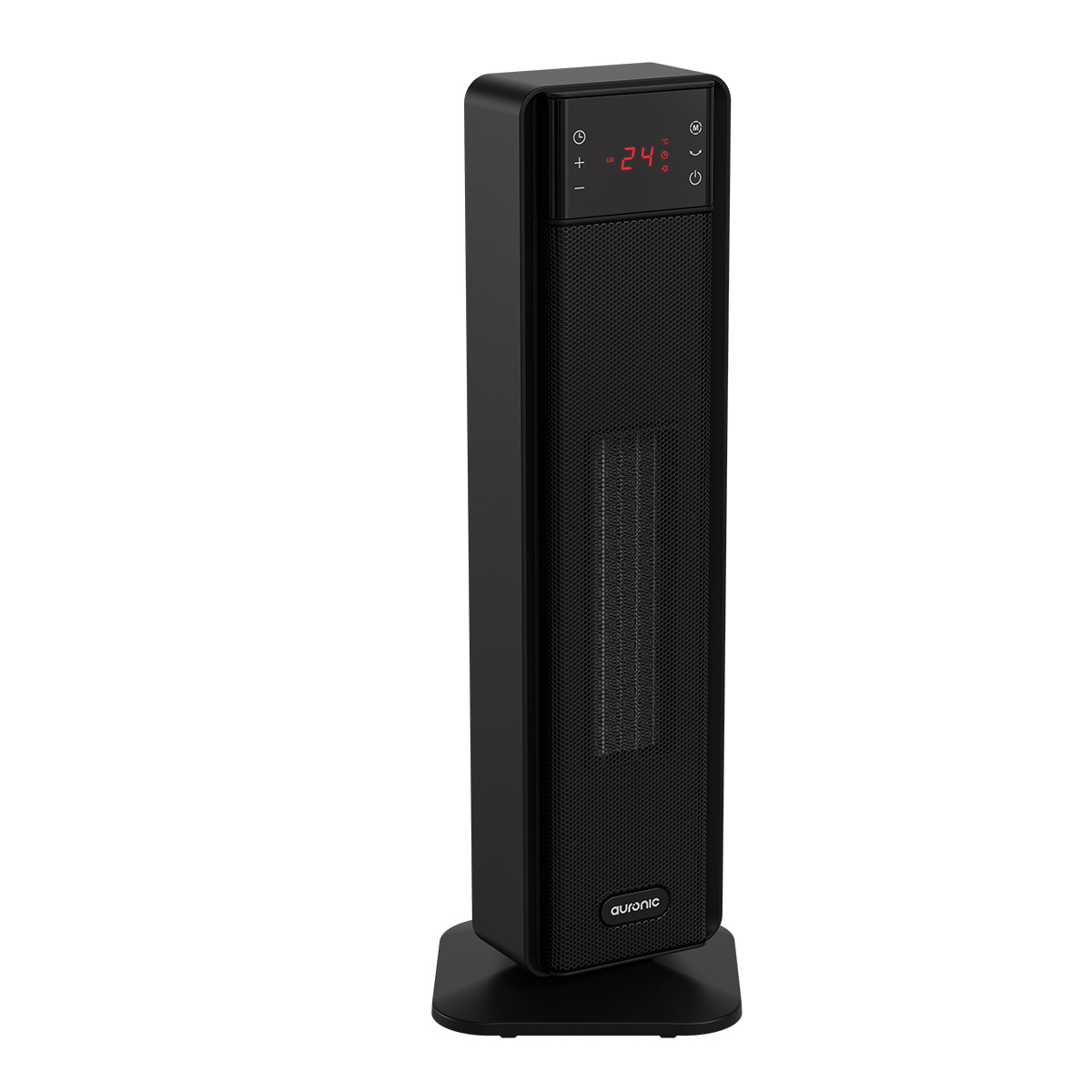 Een zwarte torenverwarmer met digitaal display en bedieningspaneel.