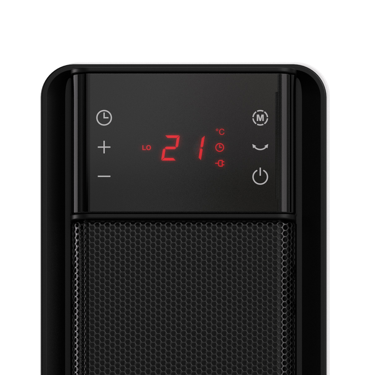 Een zwarte kachel met digitaal display dat 21 graden toont.