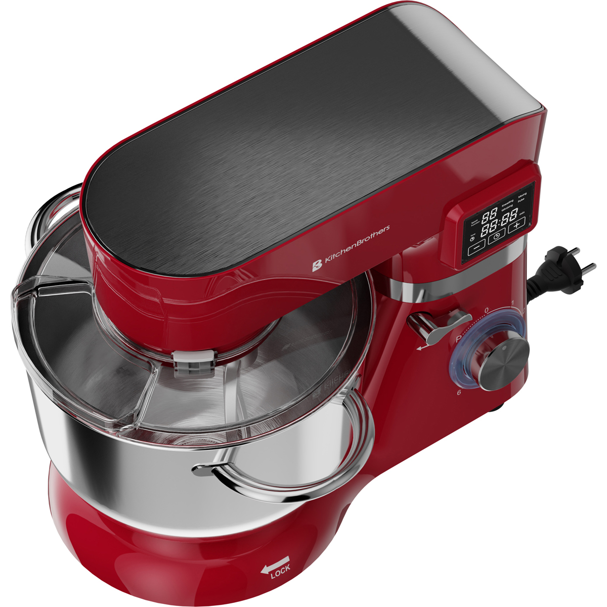 Een rode KitchenBrothers keukenmixer met zilveren kom en digitaal display.