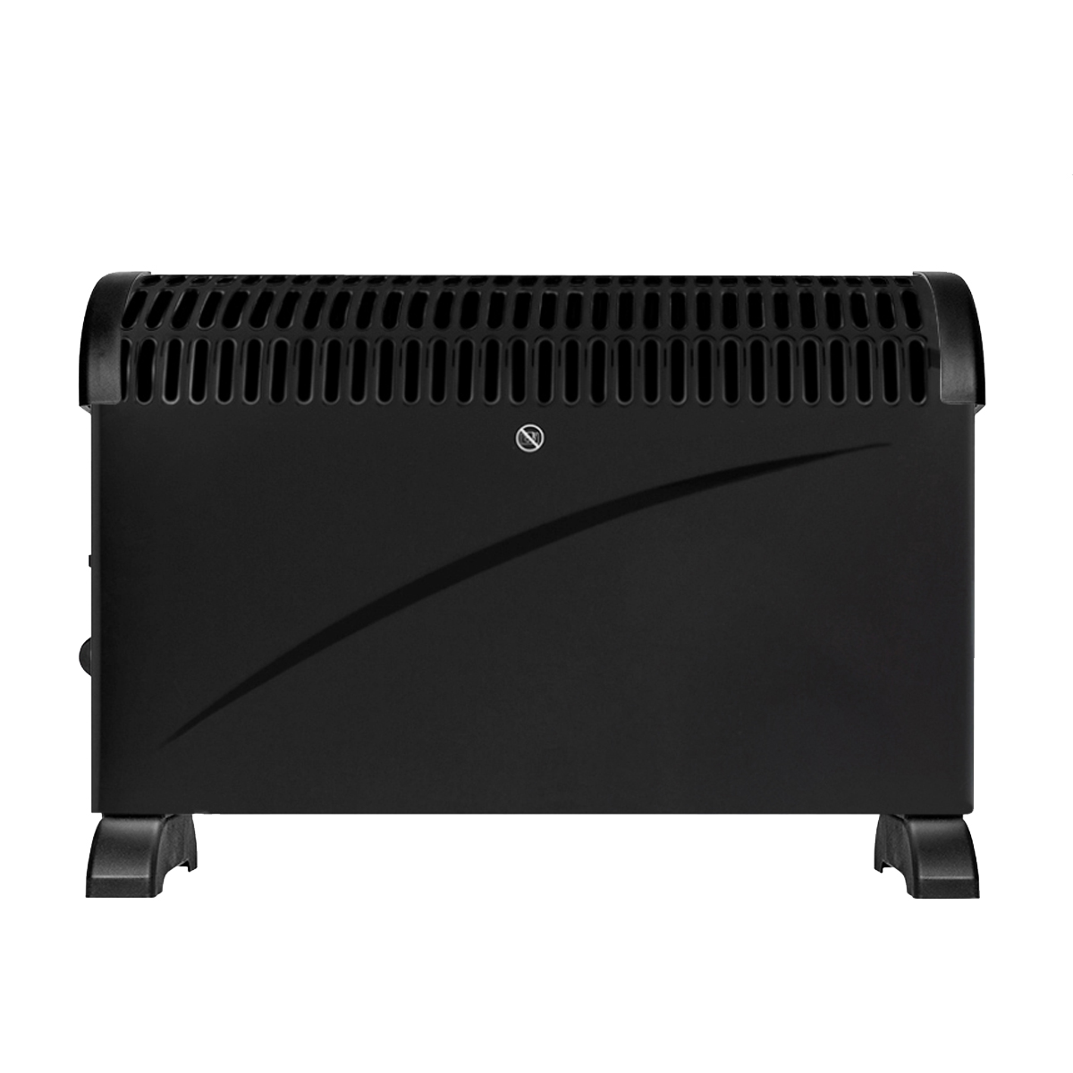 A black portable electric heater with a slatted top and two feet.