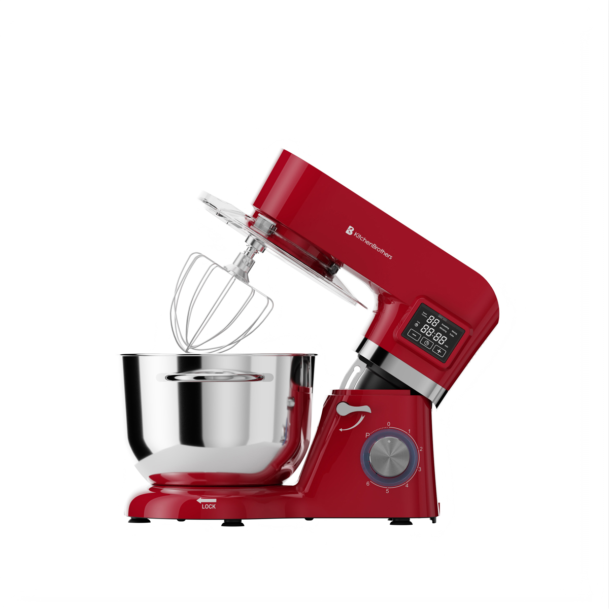 Een rode KitchenBrothers standmixer met garde-opzetstuk en roestvrijstalen kom.