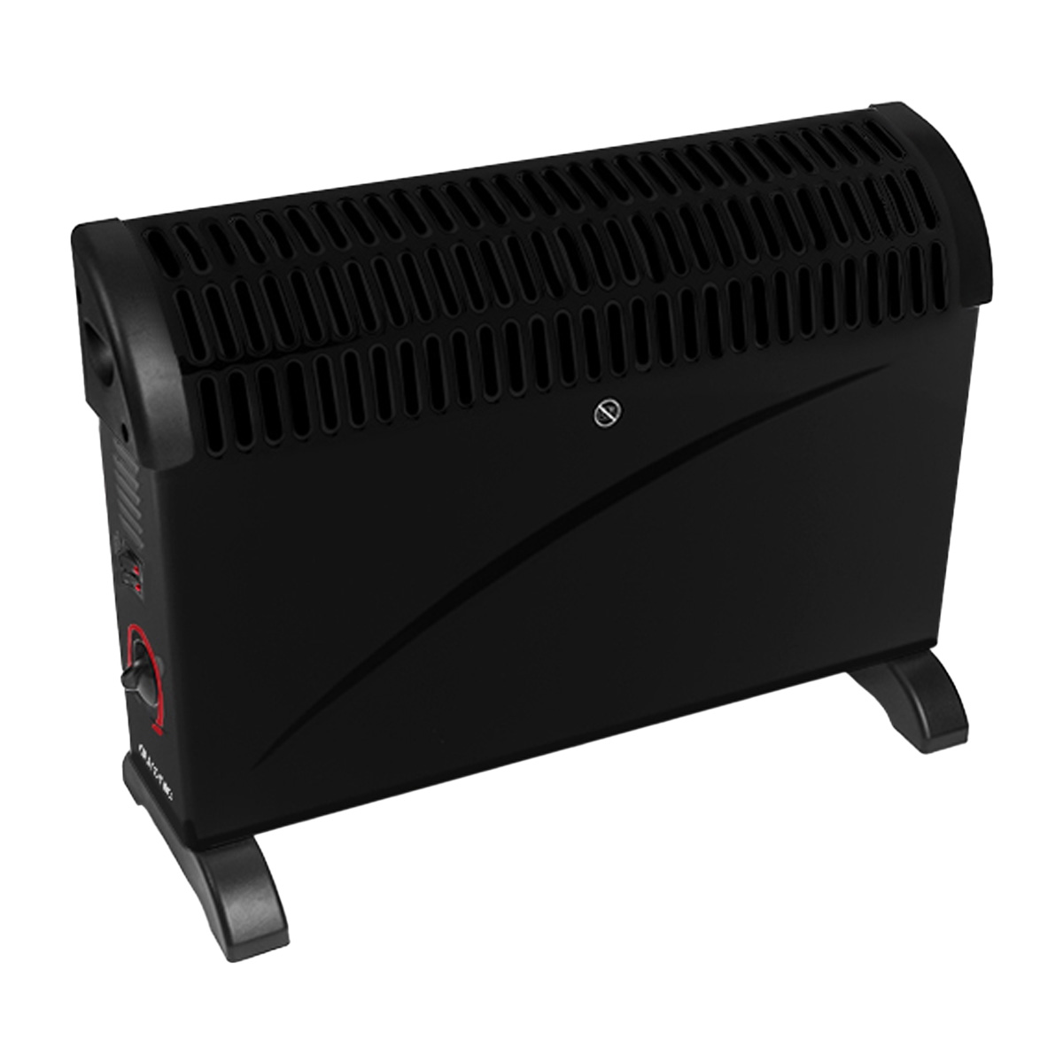 A black heater with vents and feet stands on a white background.