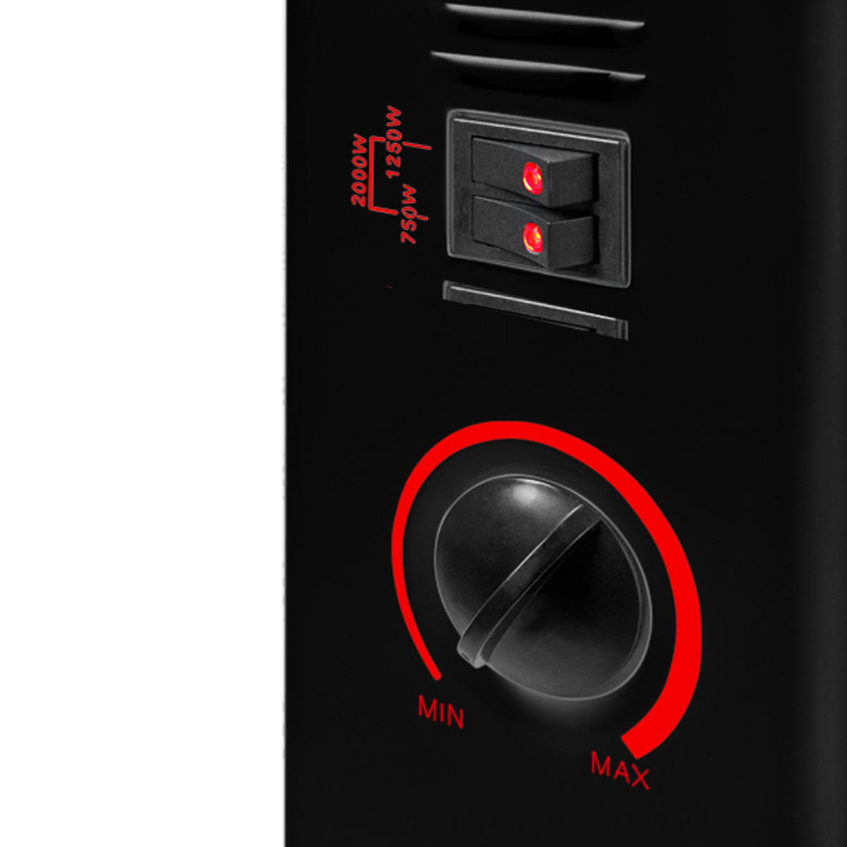A black heater with two red switches and a temperature dial.