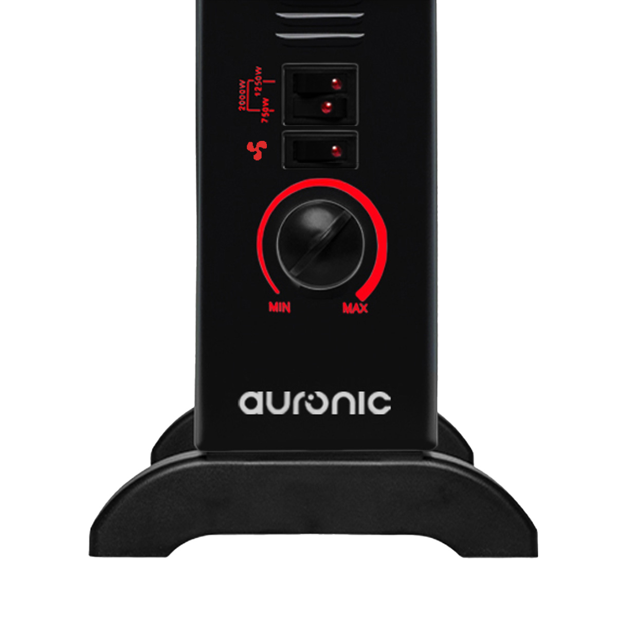 Black fan heater with dial, switches and Auronic logo.
