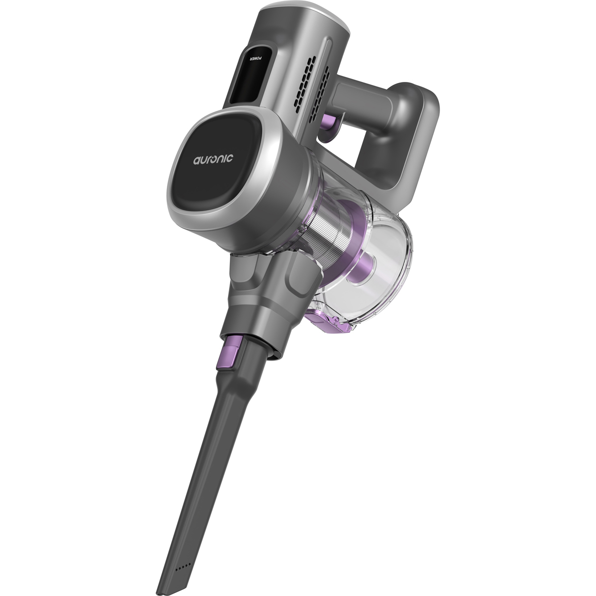 Un aspirateur sans fil gris avec des accents violets et un réservoir transparent.