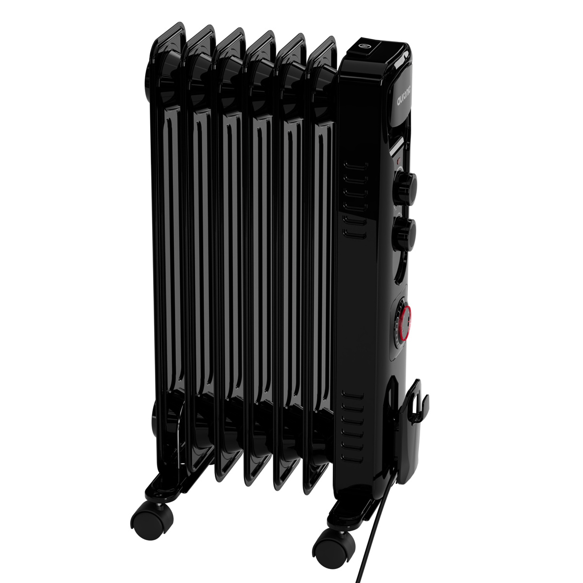Ein schwarzer ölgefüllter Heizkörper mit sechs Rippen und Rädern, mit Bedienknöpfen und rotem Thermostatregler.