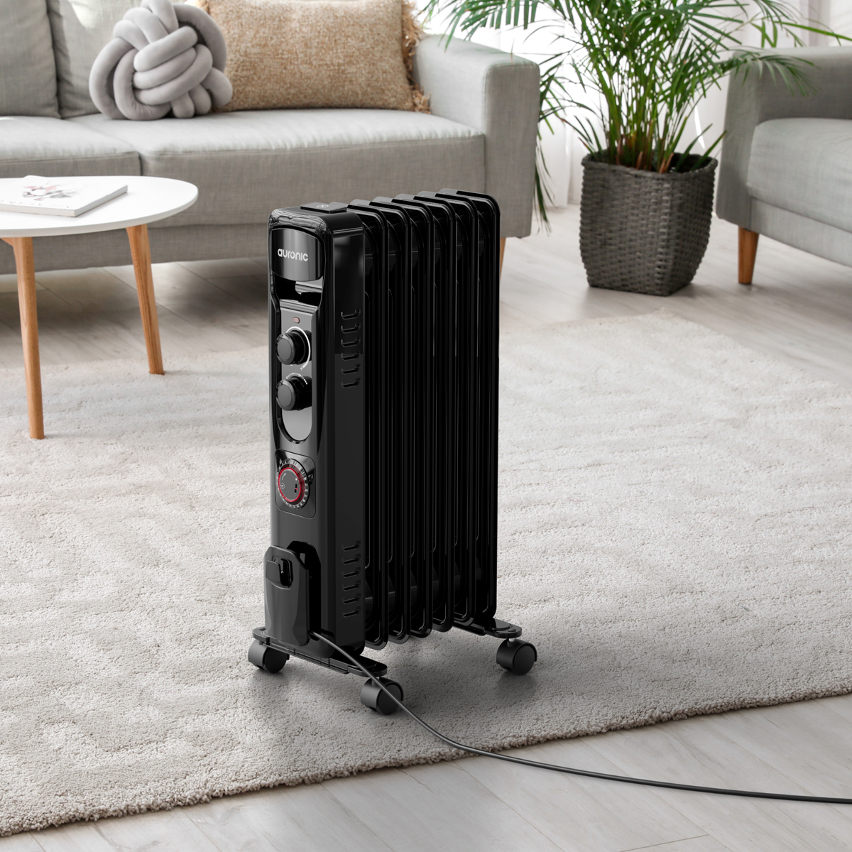 Ein schwarzer Ölradiator steht auf einem hellen Teppich in einem Wohnzimmer.