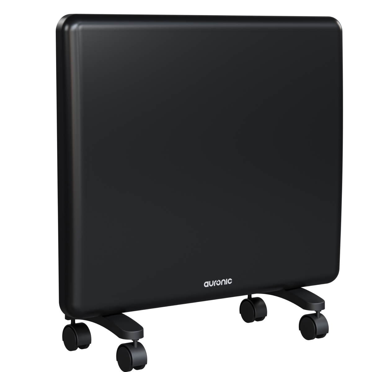 Chauffage noir rectangulaire sur roulettes avec le logo Auronic.