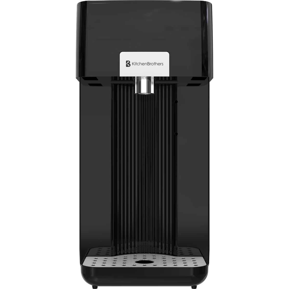 A black water dispenser with a silver tap and the KitchenBrothers logo.
