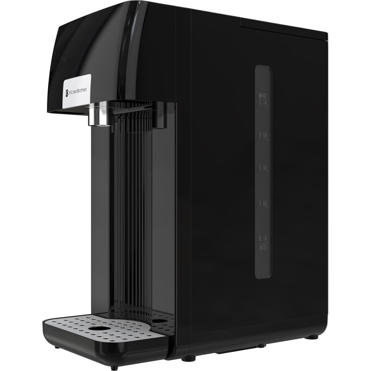 A black water dispenser with a silver spout and drip tray.