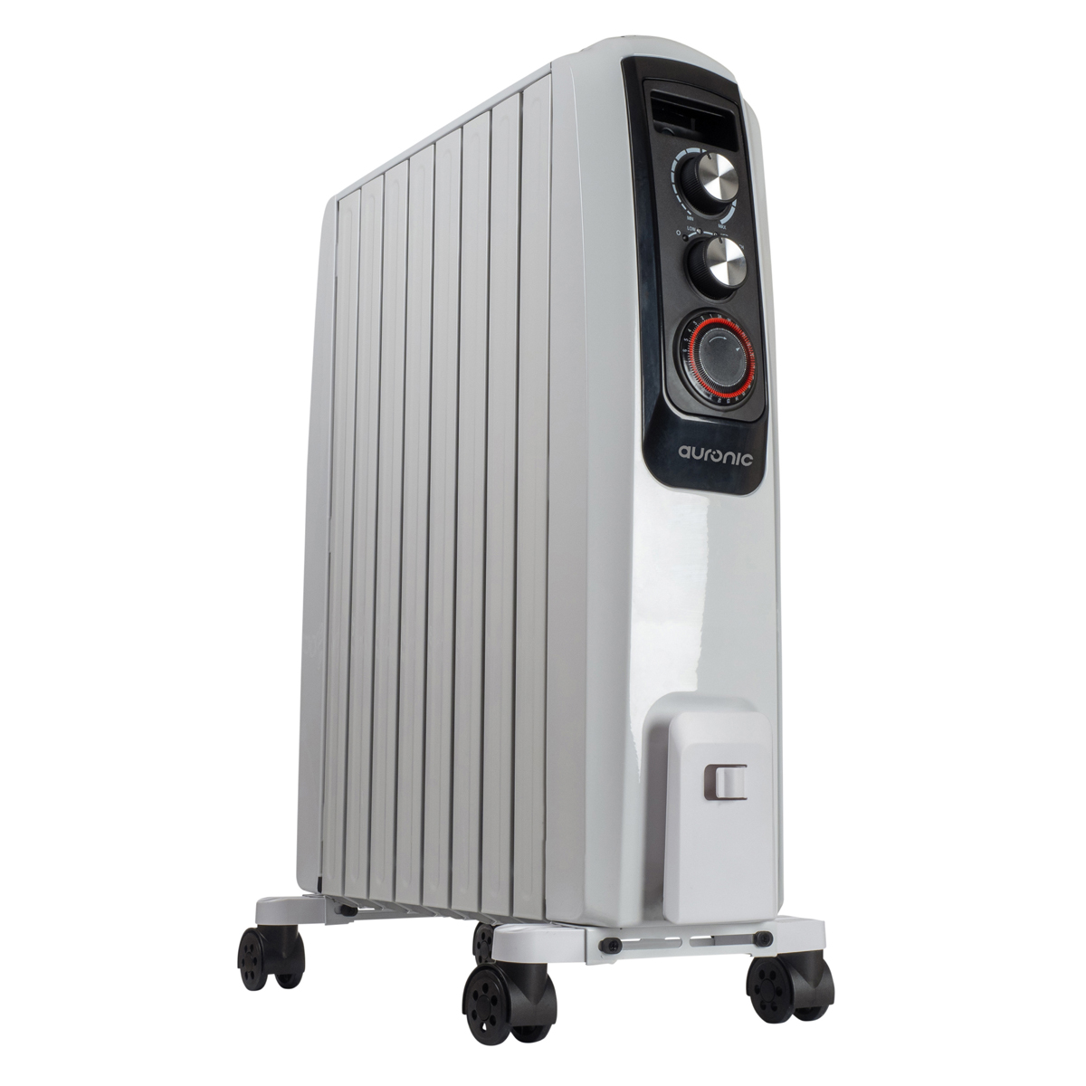 Een witte oliegevulde radiator met wielen en zwarte bedieningsknoppen.