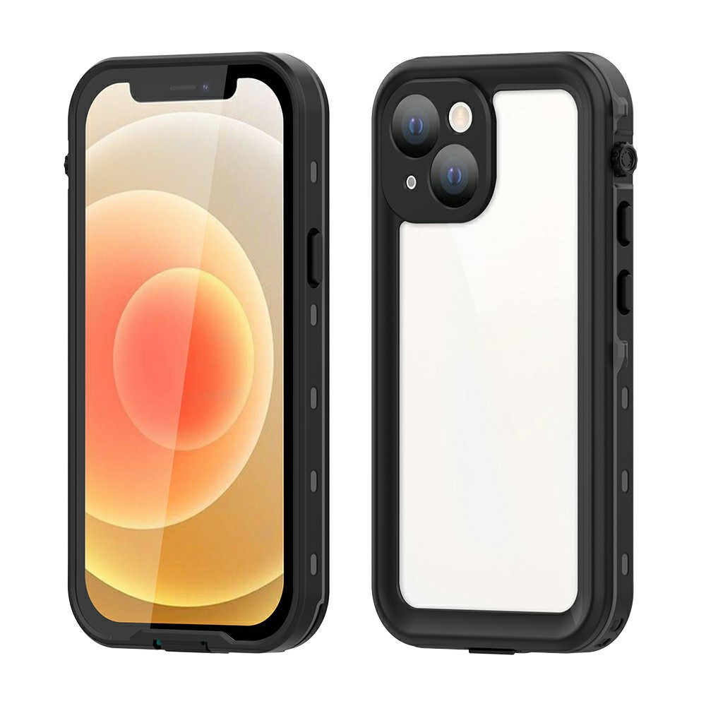 Una custodia nera per iPhone con retro trasparente e doppia fotocamera.