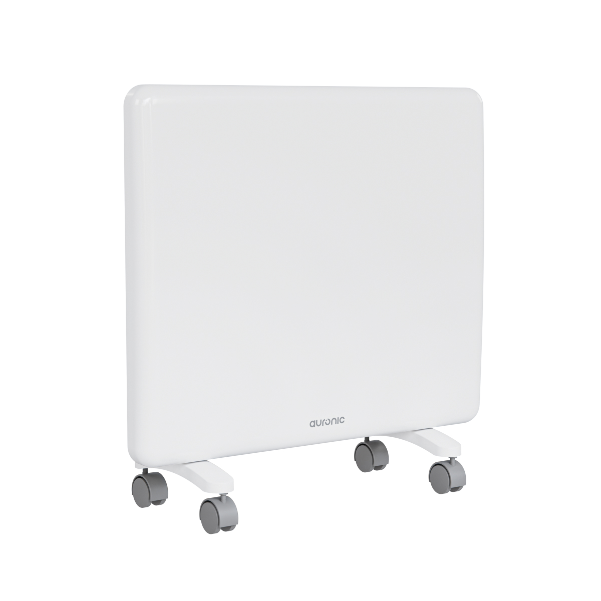 Un radiateur blanc et rectangulaire sur roues avec le logo Auronic.