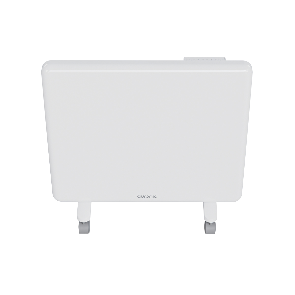 Un radiateur électrique blanc Auronic avec roues et panneau de contrôle dessus.