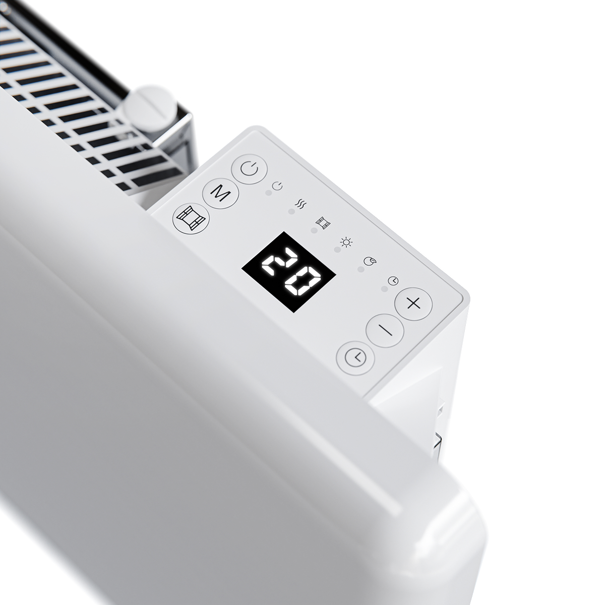 Gros plan d'un radiateur blanc avec écran numérique affichant 20 degrés Celsius.